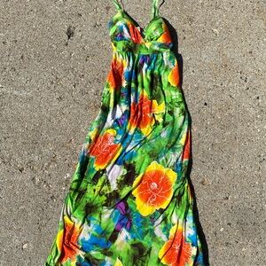 Derek Heart Vibrant Tropical Floral Maxi Dress Green & Orange